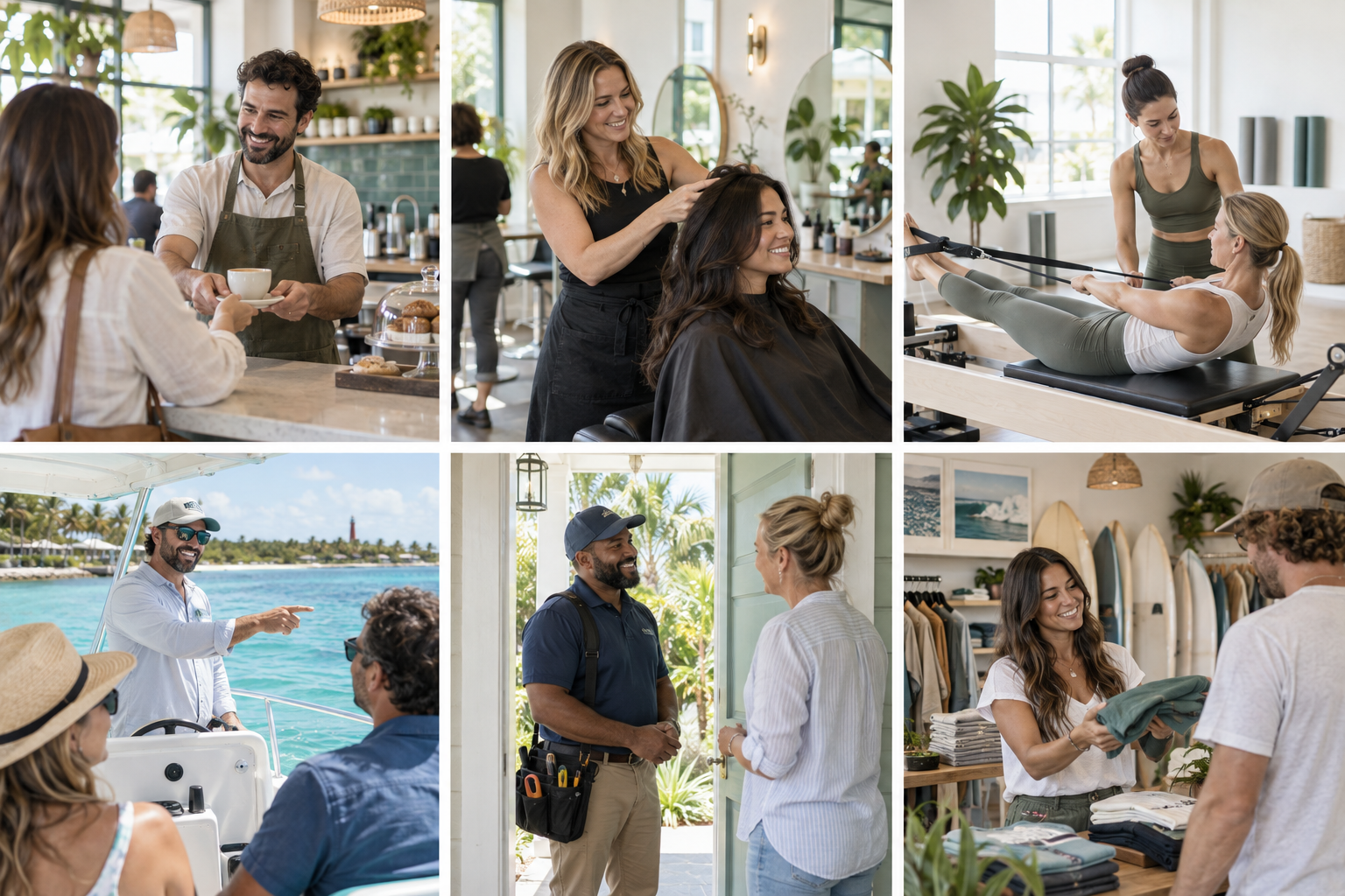 A café, a women’s salon, a Pilates studio, a boat tour, a home-service business and a surf shop.